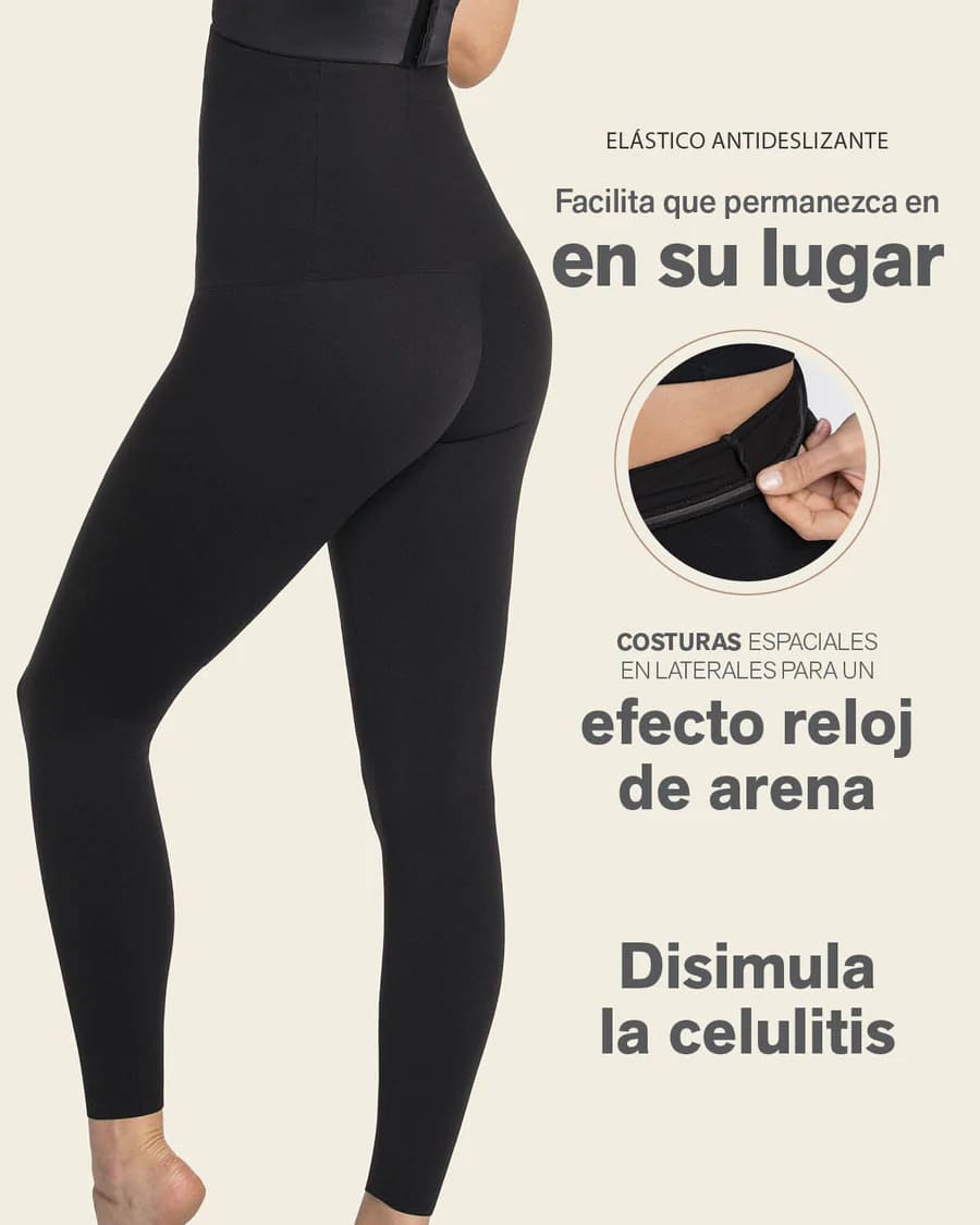Detalle del legging Leonisa negro en microfibra transpirable con compresión en abdomen y piernas