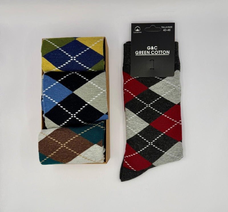 Pack de 3 calcetines con rombos clásicos de algodón para hombre