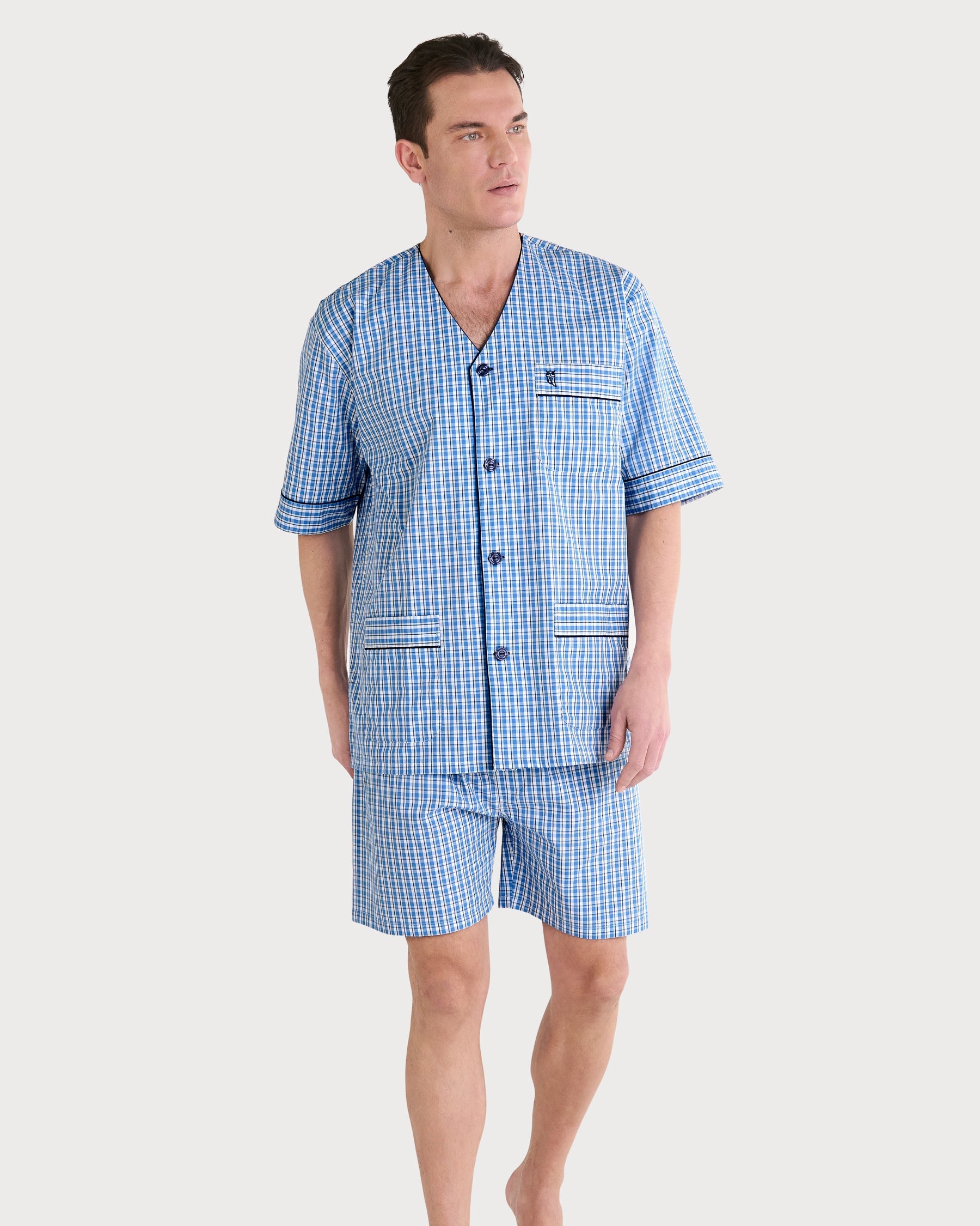 Pijama de verano de hombre azul a cuadros con chaqueta de manga corta