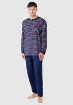 Pijama largo de hombre de algodón con rayas azules y tapeta