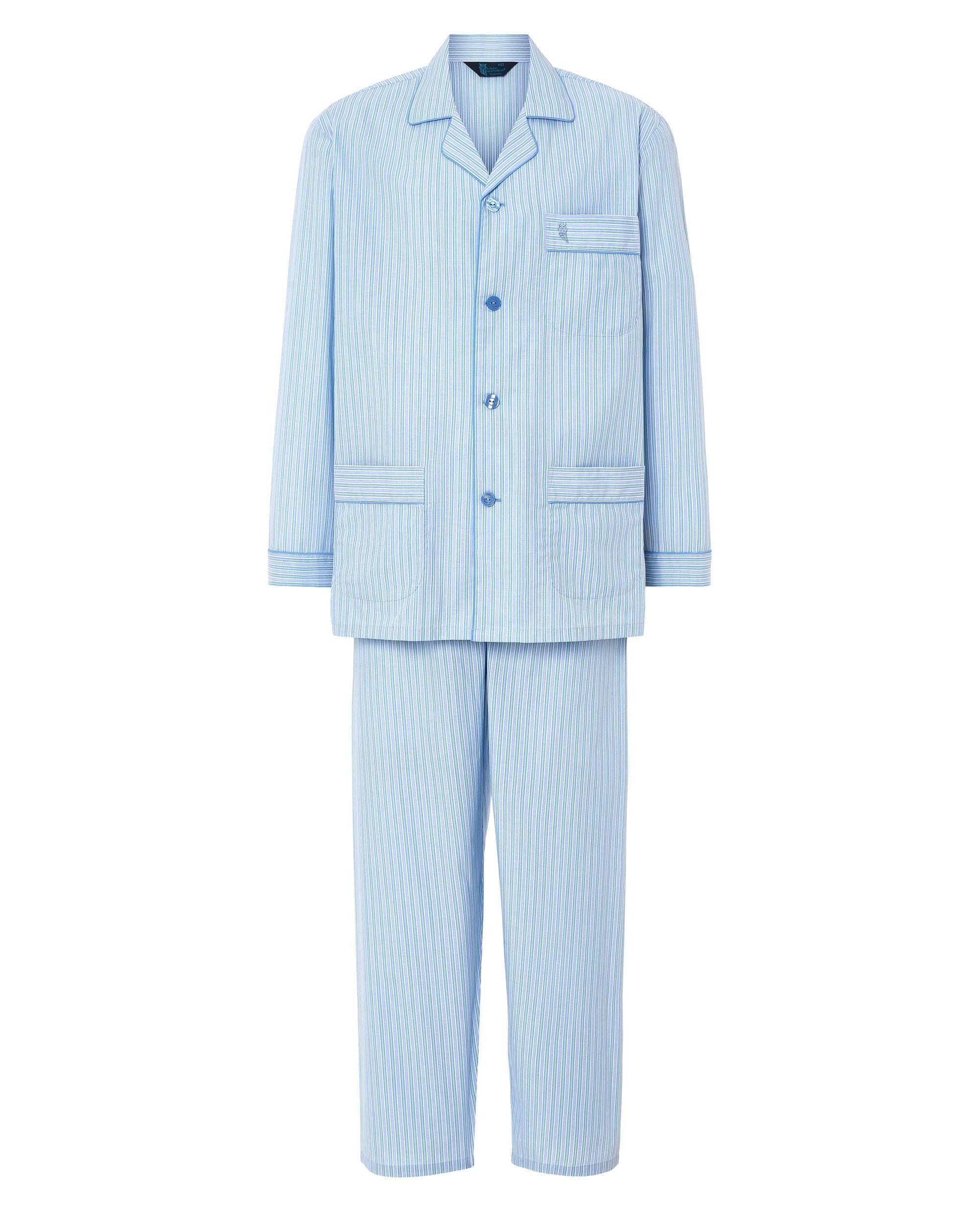 Pijama largo de hombre de popelín 100 % algodón a rayas verdes y celestes