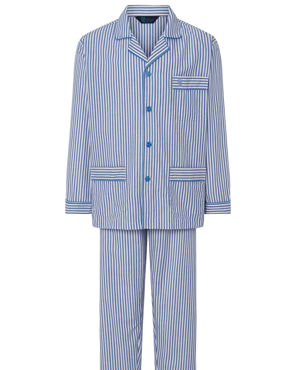 Pijama largo de hombre de popelín a rayas azules con chaqueta de solapa