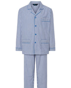 Pijama largo de hombre de popelín a rayas azules con chaqueta de solapa