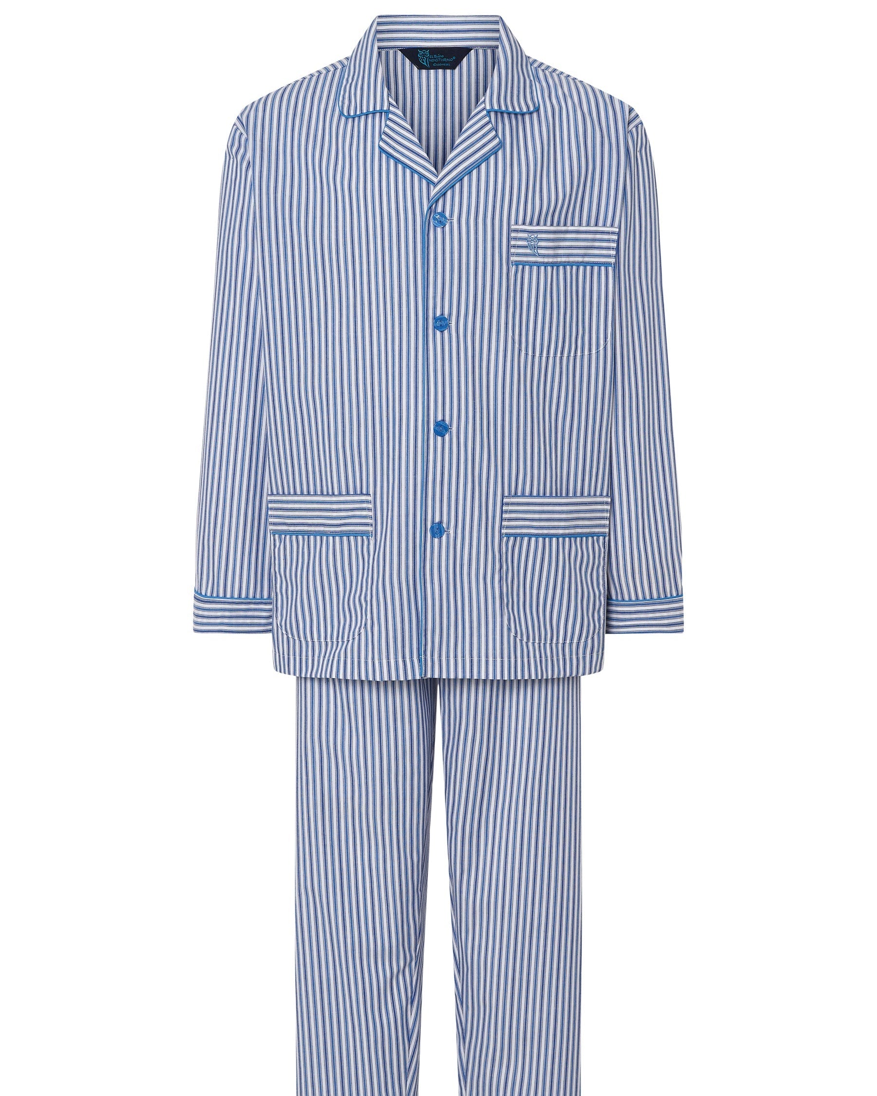 Pijama largo de hombre de popelín a rayas azules con chaqueta de solapa