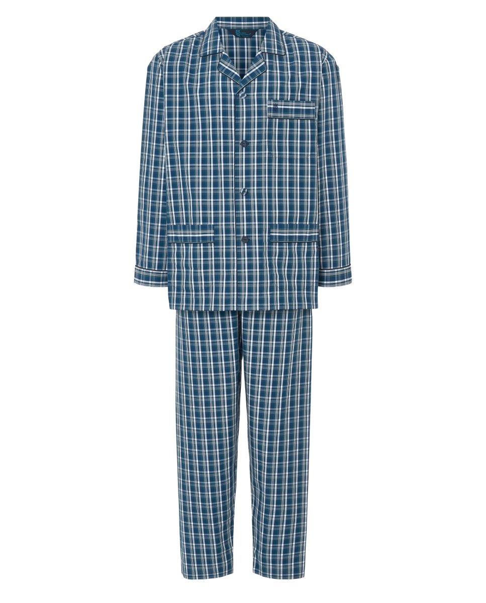 Pijama largo de hombre de popelín con cuadros azules y verdes