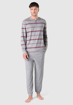 Pijama largo de hombre en punto gris con rayas granate