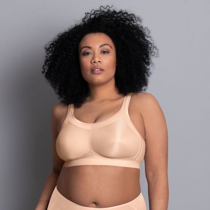 Sujetador deportivo Anita Momentum beige detalle de sujeción y ajuste
