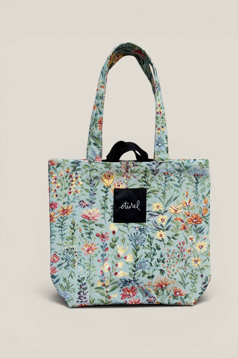 TOTE BAG JACQUARD FLORES AZALEAS CELESTE CON DOBLE ASA