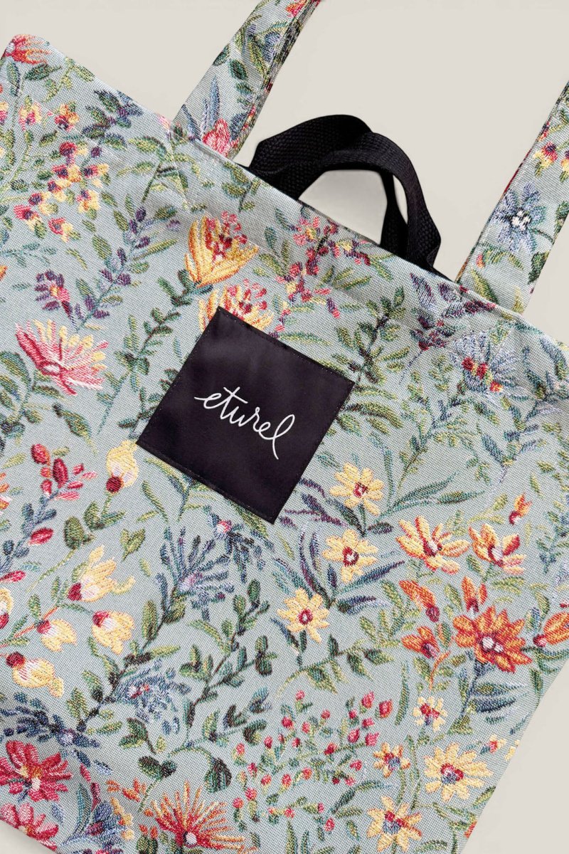 TOTE BAG JACQUARD FLORES AZALEAS CELESTE CON DOBLE ASA