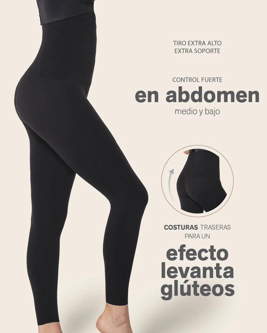 Vista trasera del legging moldeador Leonisa negro con realce de glúteos y ajuste antideslizante